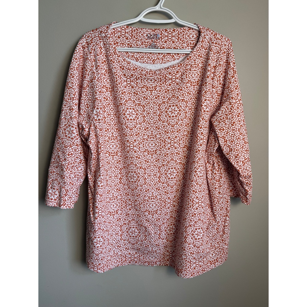 Croft &‎ Barrow Medallion Print 3/4 Sleeve Cotton Top Rust White 1X Boho Chic